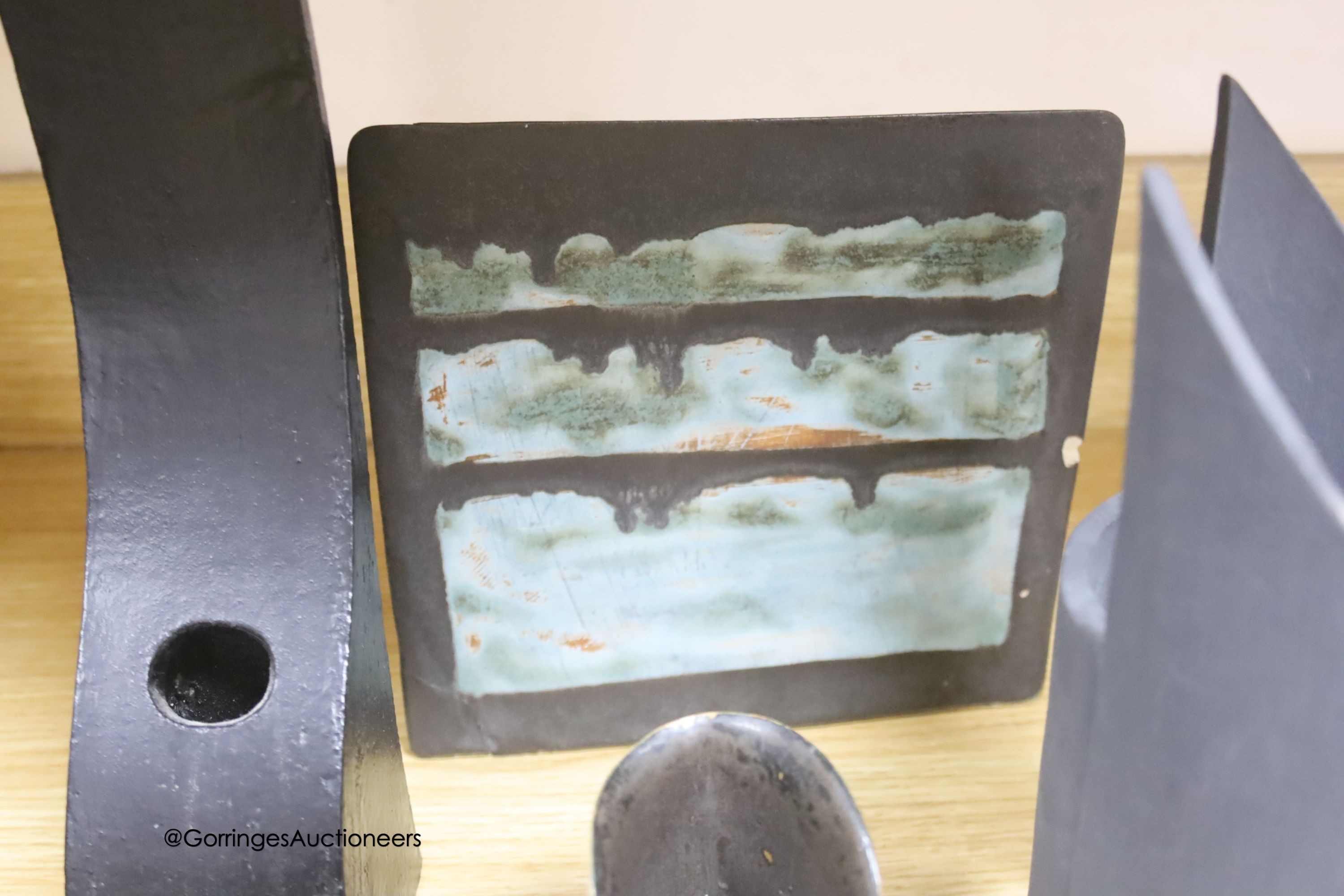 Bill Gill studio pottery - a cube flower holder, 11 x 11cm, a lamp shade and four other items
